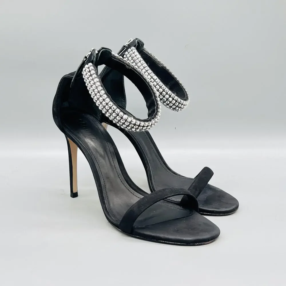Schutz Sandals Womens 10 Black Suede Rhinestone Ankle Strap Zip Stiletto Shoes